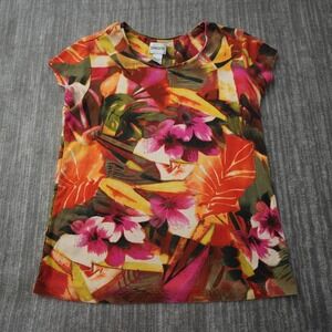 Chico's Shirt Women‎ Floral Short Sleeve Vibrant Crew Neck  100% Cotton Size 1